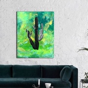 Obraz duży szmaragdowy, złoto, kaktus