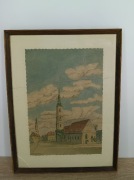 Obraz / grafika w ramie – widok miasta z kościołem, vintage