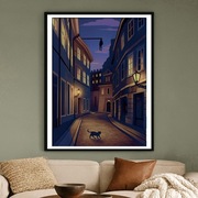 Czechy - Praga  o zmierzchu – Ilustracja z kotem art déco plakat 40x60cm
