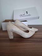 Wielokolorowe czółenka na słupku mieniące r. 38 Basieńka NOWE ekri żmij