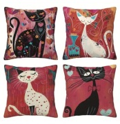 Czerwona poszewka na poduszkę, bajkowe kotki, boho, retro, 40x40cm, 4szt.