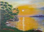 KLASYCZNY PEJZAŻ RĘCZNIE MALOWANY - ZACHÓD SŁOŃCA NAD WODĄ - 30x40cm