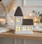 Domek Ceramiczny Lampion LED Biały z Szarym Dachem - Świecący 16cm i