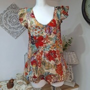 FC bluzka kolorowa 40 L bawełna kwiaty falbanki dekolt V guziki