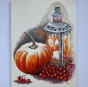 Jesienna martwa natura z dynią ręcznie malowana.