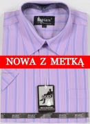 Koszula męska fioletowa w paski na krótki rękaw kołnierzyk 40/41