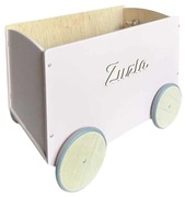 skrzynka skrzynia pojemnik na kółkach na klocki, zabawki + IMIĘ DZIECKA