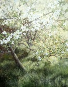 Obraz akryl pejzaż wiejski wiosna realizm zieleń wiśnia kwiaty biel 40x50cm