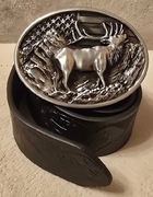 Skórzany pasek myśliwski JELEŃ BYK, do munduru myśliwego, leśnika. 120cm.