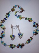 Naszyjnik z kamieni naturalnych i lnu komplet z klipsami kolczykami