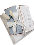 Kartka w pudełku ślub ślubna wesele błękit niebieska suszone kwiaty 