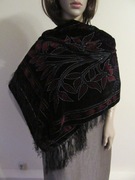 Duży szal czarny i bordo aksamitne wzory delikatny brokat cudo_ 100% jedwab