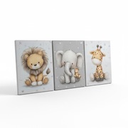 Zestaw 3 obrazów do pokoju dziecka 30x40 cm – Lew, Słoń, Żyrafa