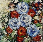 Róże i aksamitki impastowe nowy oryginalny obraz