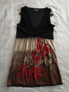 Folkowa czarna brązowa sukienka w kwiatki wełna Yumi 36 - 38 jak nowa