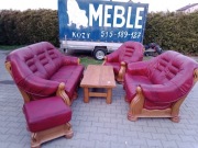 Komplet Wypoczynkowy KLER 3+2+1 i Pufa i Ława , Dąb - Skóra Bordo