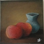 Obrazek dwóch jabłuszek przy dzbanku 