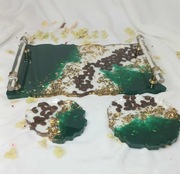 Rękodzieło zestaw taca i podkładki z żywicy epoksydowej zieleń 