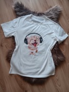 T-shirt koszulka z motywem kota w słuchawkach rozmiar S kremowa 