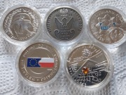 5x10zł NBP, czyli 70,7g  Ag 925 (Policja, Katyń, UE, Pows, Warsz. MŚ Korea 