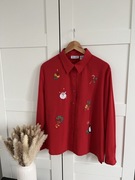 Czerwona świąteczna koszula vintage z naszywkami elegancka na święta L