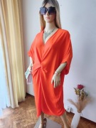 Sukienka oversize pomarańczowa włoska twist V-neck luźna midi hit 