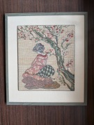 Haft gobelin gejsza Japonia vintage obraz w ramie 36,5 x 28 cm