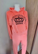 Nowy dres damski koralowy neon welur, bluza z kapturem O’LB, S/36