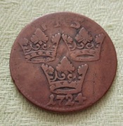 Antyk Miedziana Moneta Szwecja 1 ore  1724 rok