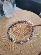 Bransoletka różaniec krzyżyk kamienie hematy ametyst kwarc różowy srebr