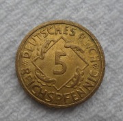 Niemcy Weimar 5 fenigów reichspfennig 1924 A Berlin Prusy KM# 39 Ładny stan