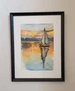 akwarela obraz  zachód słońca nad jeziorem format A4