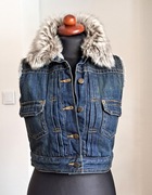 Jeansowa kamizelka futrzane podbicie i kołnierz vintage bawełna S