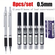 2 metalowe ołówki automatyczne 0,5mm +5 opakowań wkładów po 12szt +gumka 