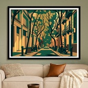 Hiszpania - Barcelona uliczka, drzewa i skutery - grafika retro 60x40cm