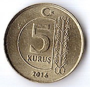 TURCJA 5 kurus 2016, KM# 1240, AU