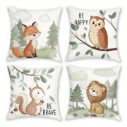 Poszewka na poduszkę. Seria leśna: sowa, lis, wiewiórka, lew 45x45cm 4szt.