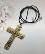 Duży złoty Krzyż z Jezusem Jezus Trójca Święta naszyjnik kolia vintage