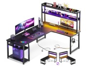 Biurko gamingowe narożne LED 150x120 L półki USB prąd