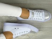 Trampki, tenisówki białe róż 40 slim 25 cm  , srebny nosek , na zamek 