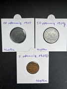Zestaw 3 sztuk monet 5,10 i 50 pfennig - skrętki - DESTRUKTY - Niemcy 