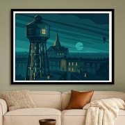 Śląsk - Nikiszowiec nocą – ilustracja art deco - pejzaż miejski 60x40cm
