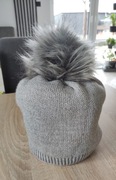 Czapka damska podwójna ciepła nowa pompon szara
