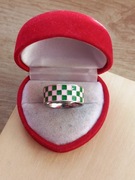 Kolorowy pierścionek w kratkę różowo - zielony pierścionek stal okazja