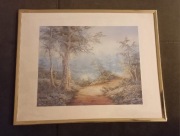 Obrazek w złotej ramce pejzaż drzewa ścieżka 