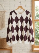 Bluza biała oversize w brązowe romby