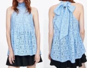 ZARA nowa błękitna niebieska koronkowa bluzka halter kokarda XS