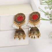 Orientalne kolczyki jhumki czerwone złote cyrkonie koraliki etno boho
