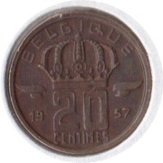 BELGIA 20 centimes 1957 ,KM# 146, XF, tekst francuski
