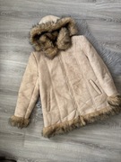 Beżowy zamszowy płaszcz damski kożuch ocieplany z kapturem XL 2XL